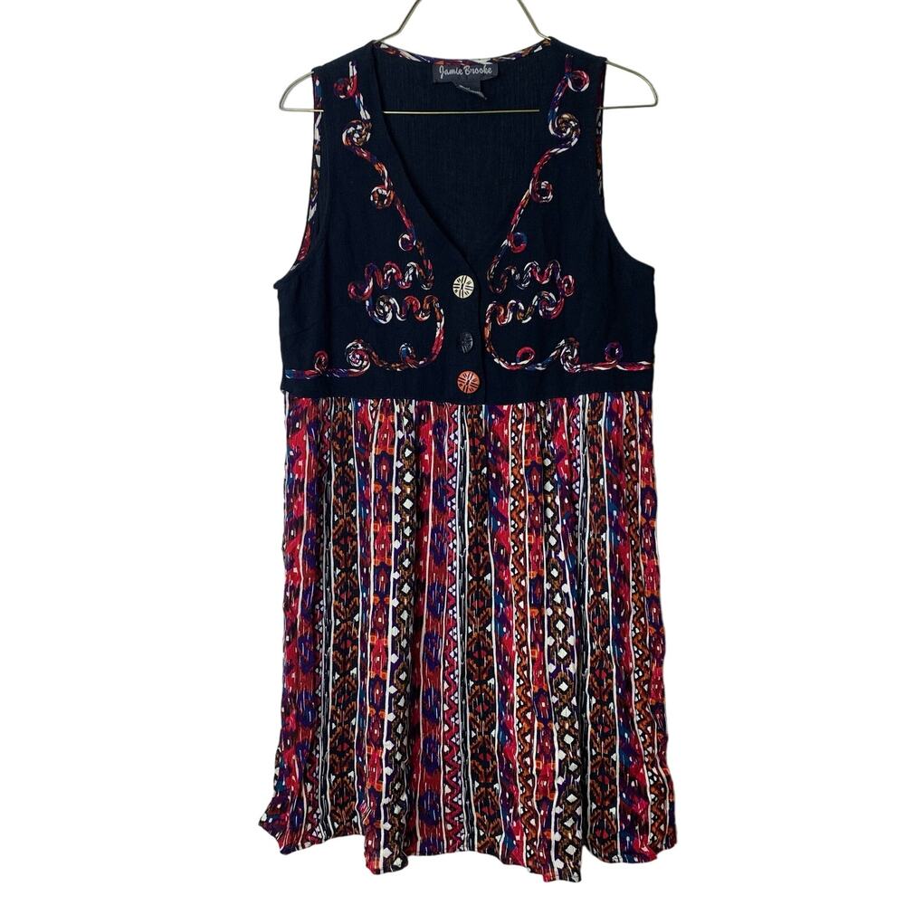 Jamie Brooke black colorful tribal print applique faux button‎ tank dress Size 6